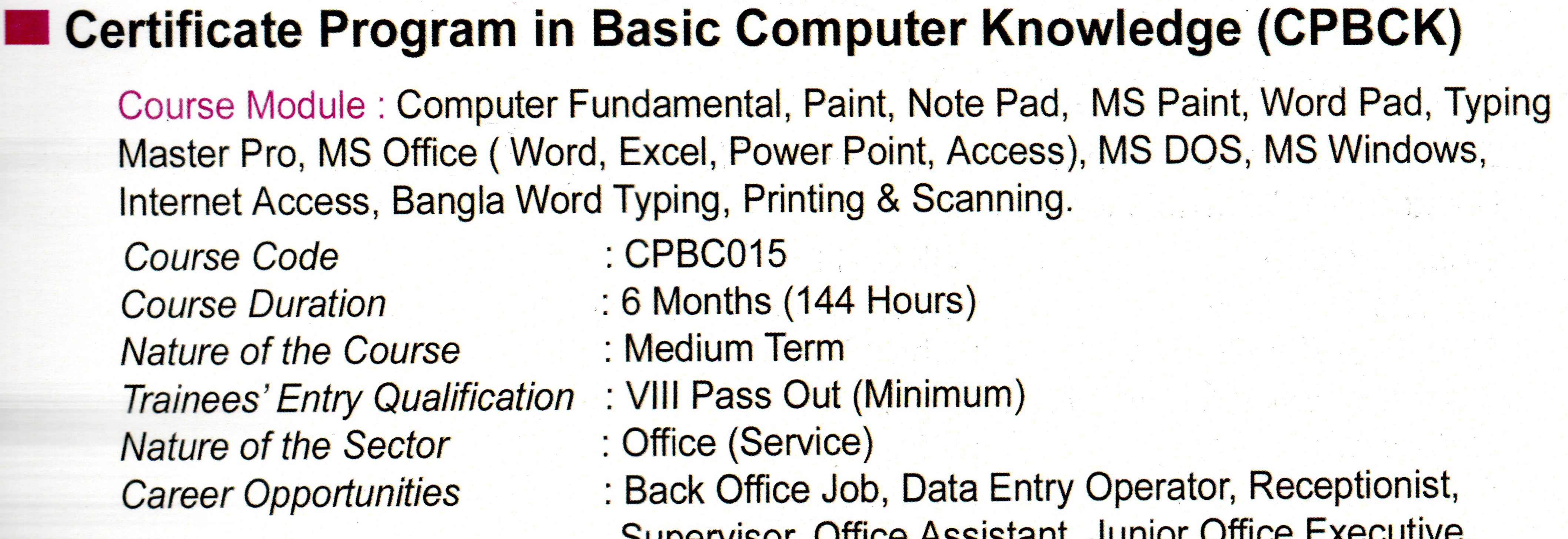 Certificate Program in Basic Computer Knowledge (CPBCK)