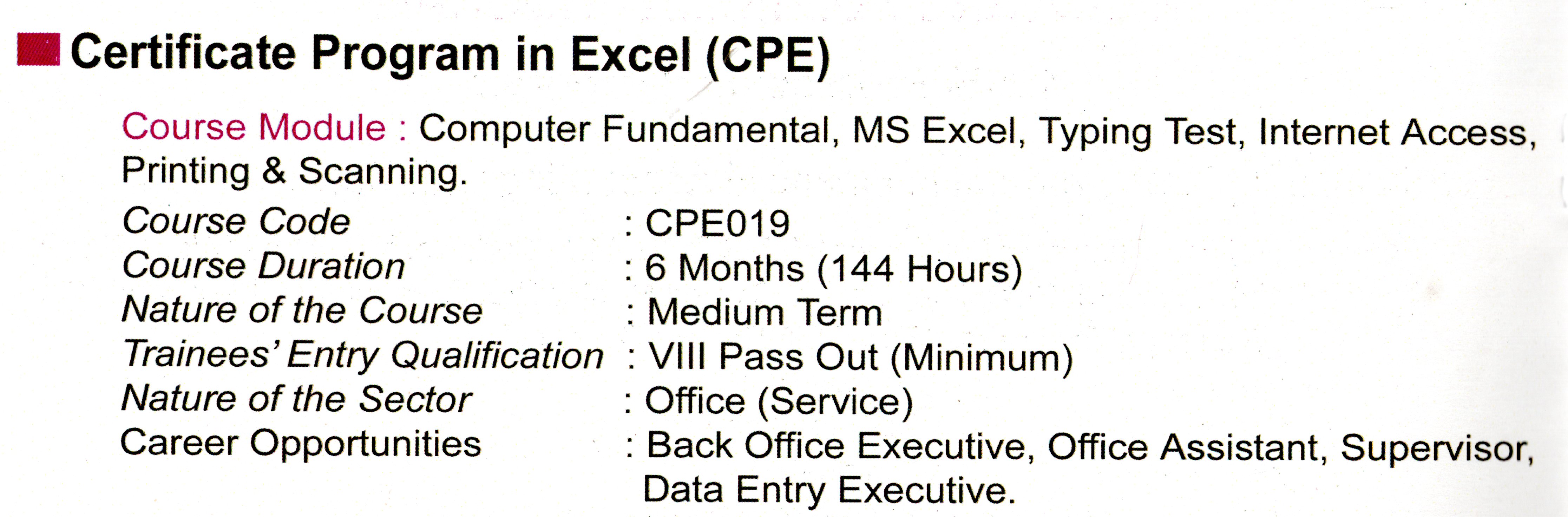 Certificate Program in Excel (CPE)