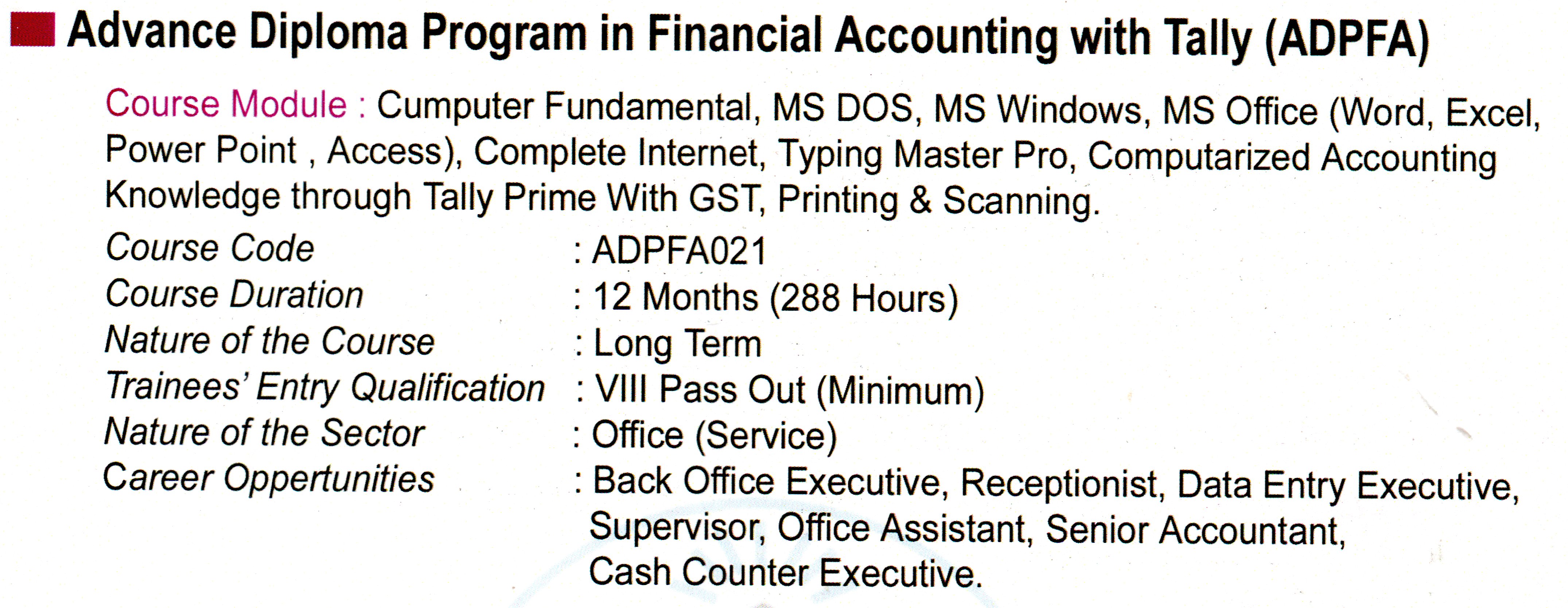 Advanc Diploma Program in Financial Accounting with Tally ( ADPFA )