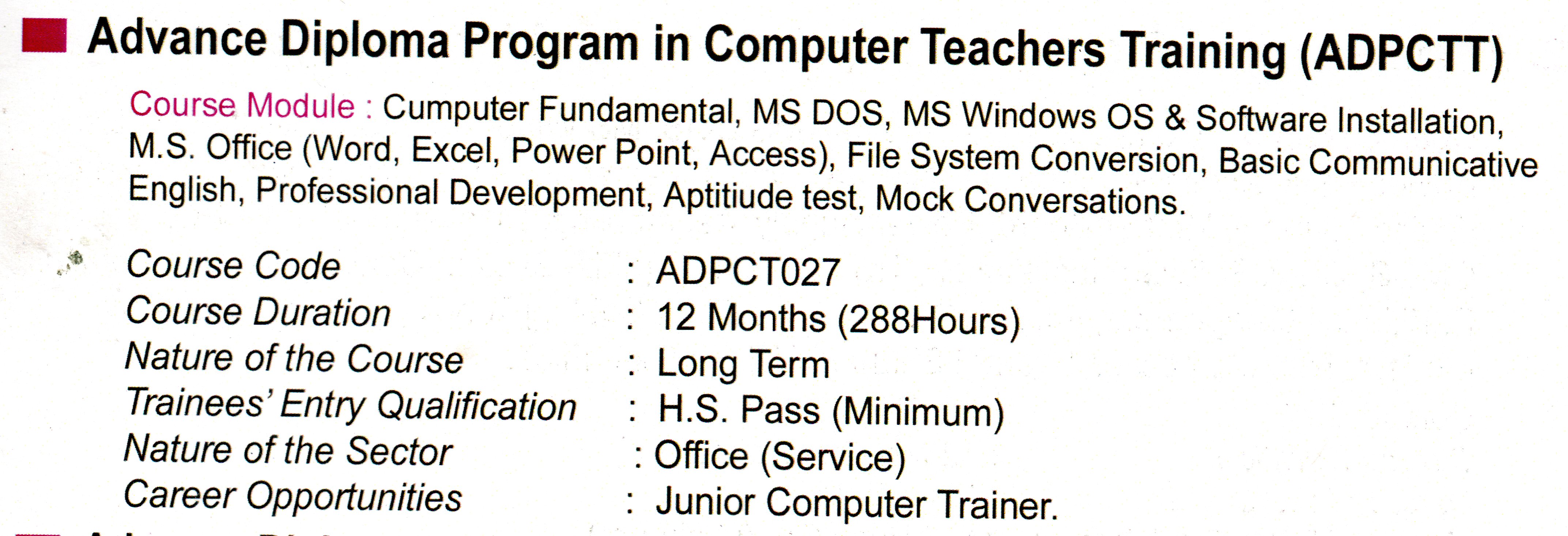 Advance Diploma Program in Computer Teachers Training (ADPCTT)