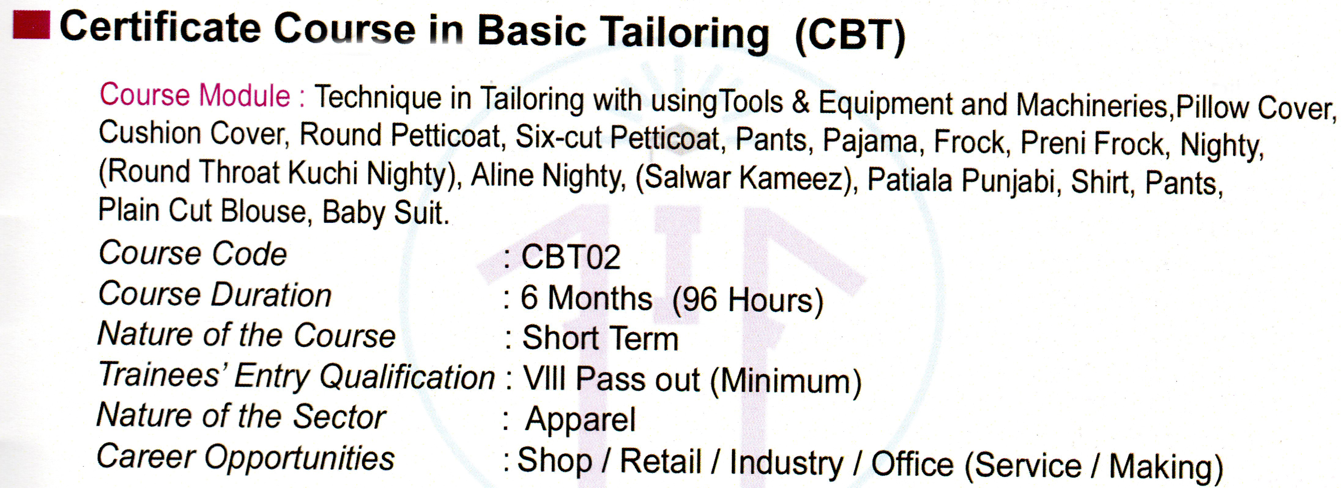 Certificate Program in Basic Tailoring (CBT)
