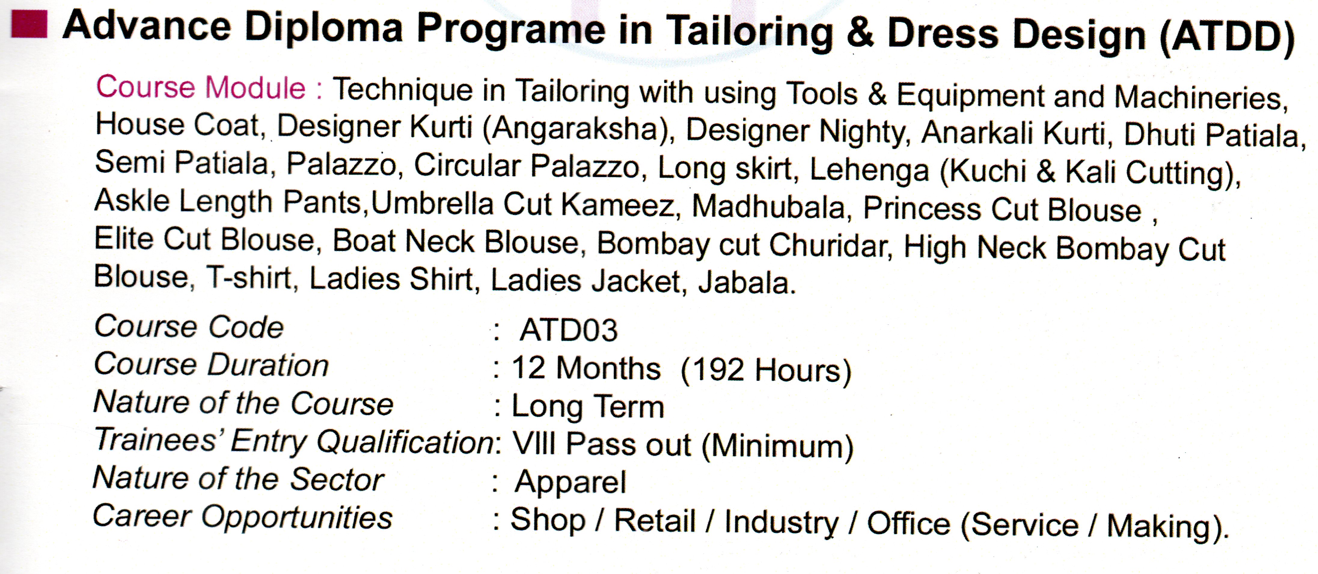Advance Diploma Program in Tailoring & Dress Design (ATDD)