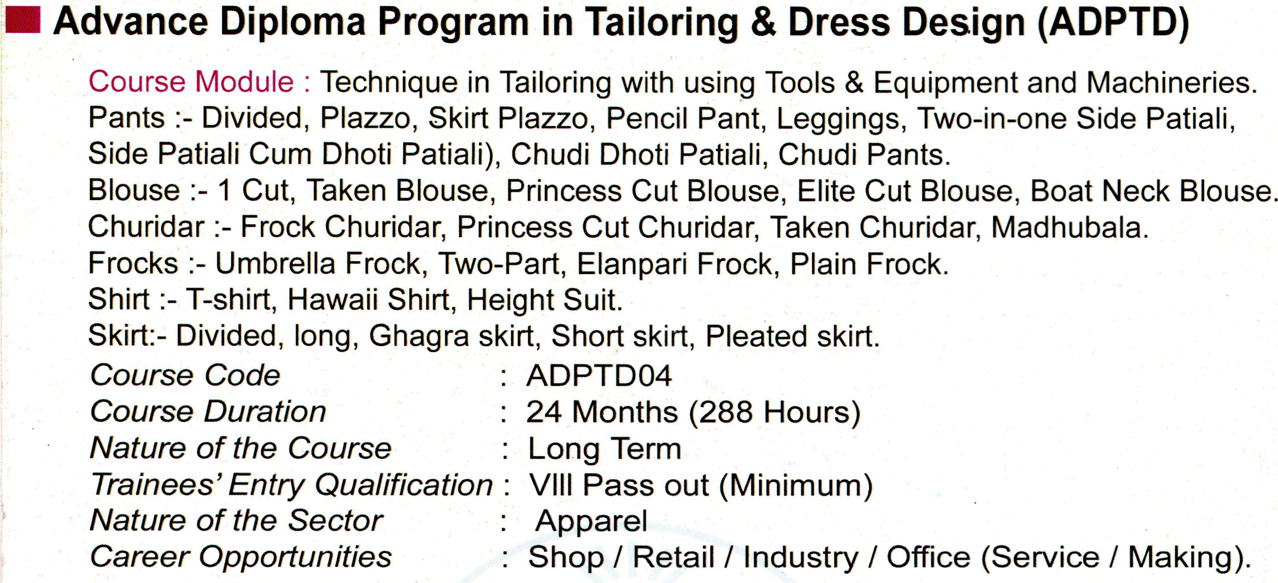 Advance Diploma Program in Tailoring & Dress Design (ADPTD)