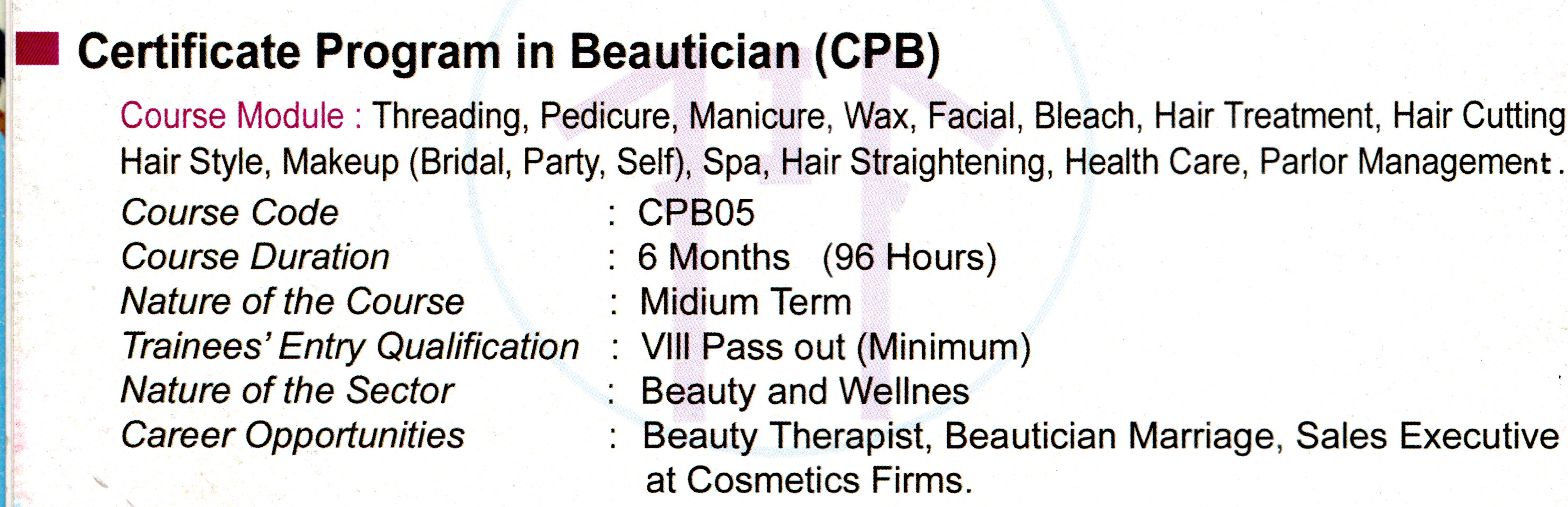 Certificate Program in Beautician (CPB)