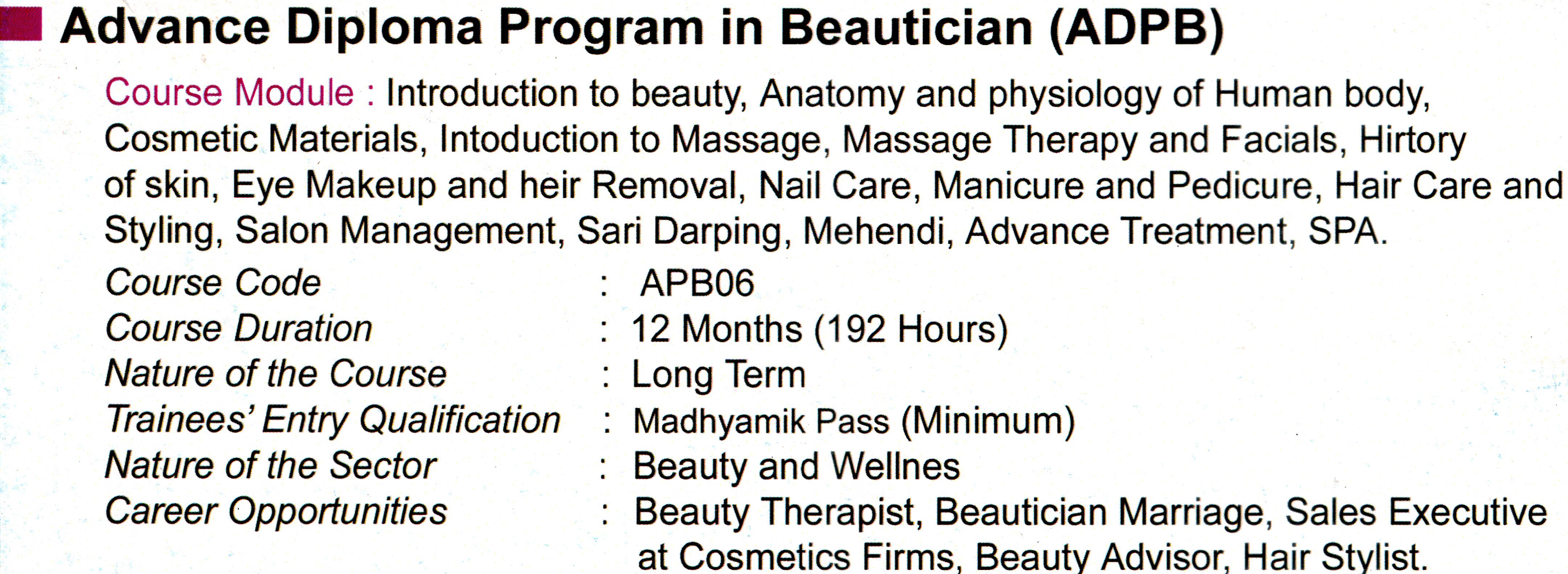 Advance Diploma Program in Beautician (ADPB)